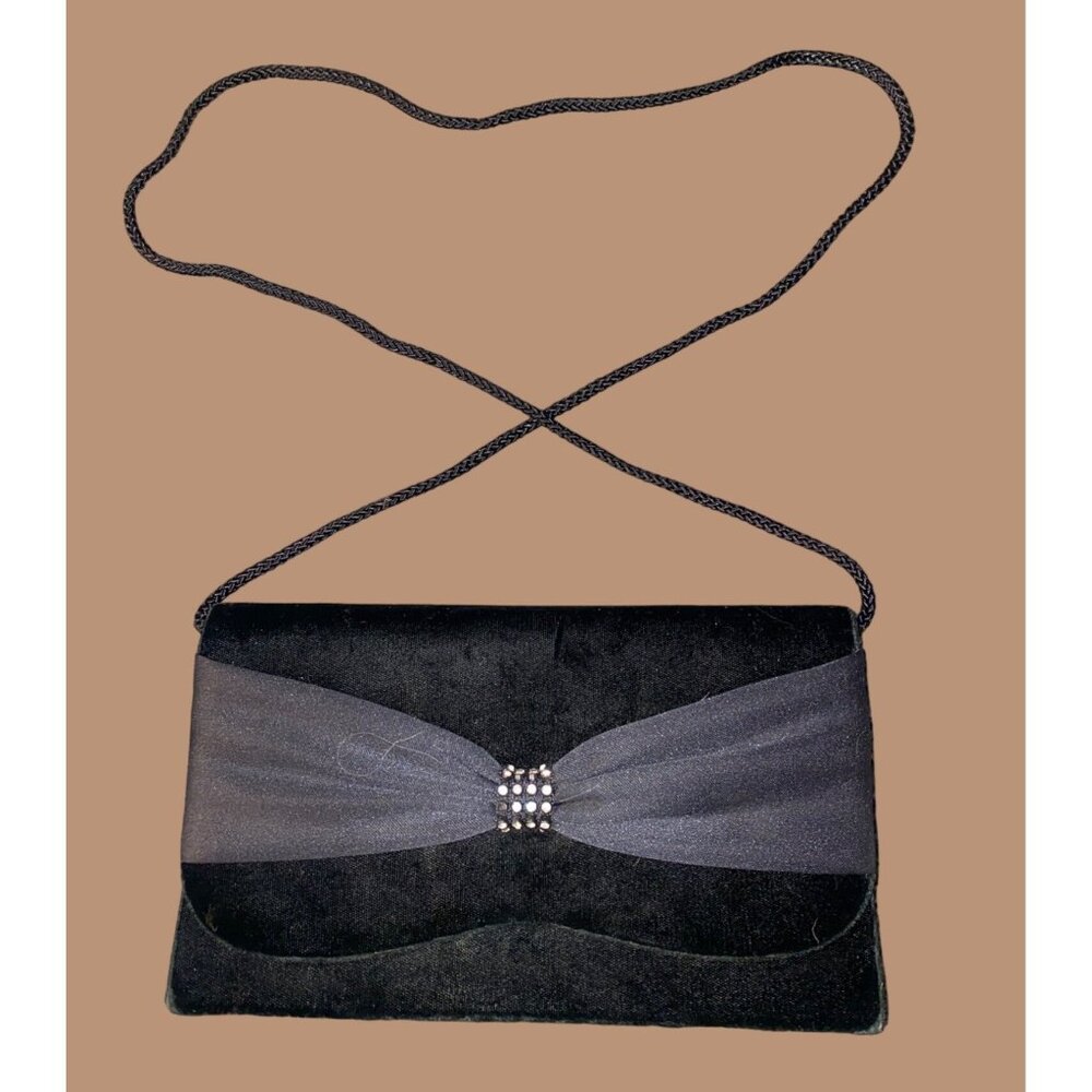 Regale LTD Vintage Black Velvet Evening Clutch Bag Rhinestone Accent Shoulder St